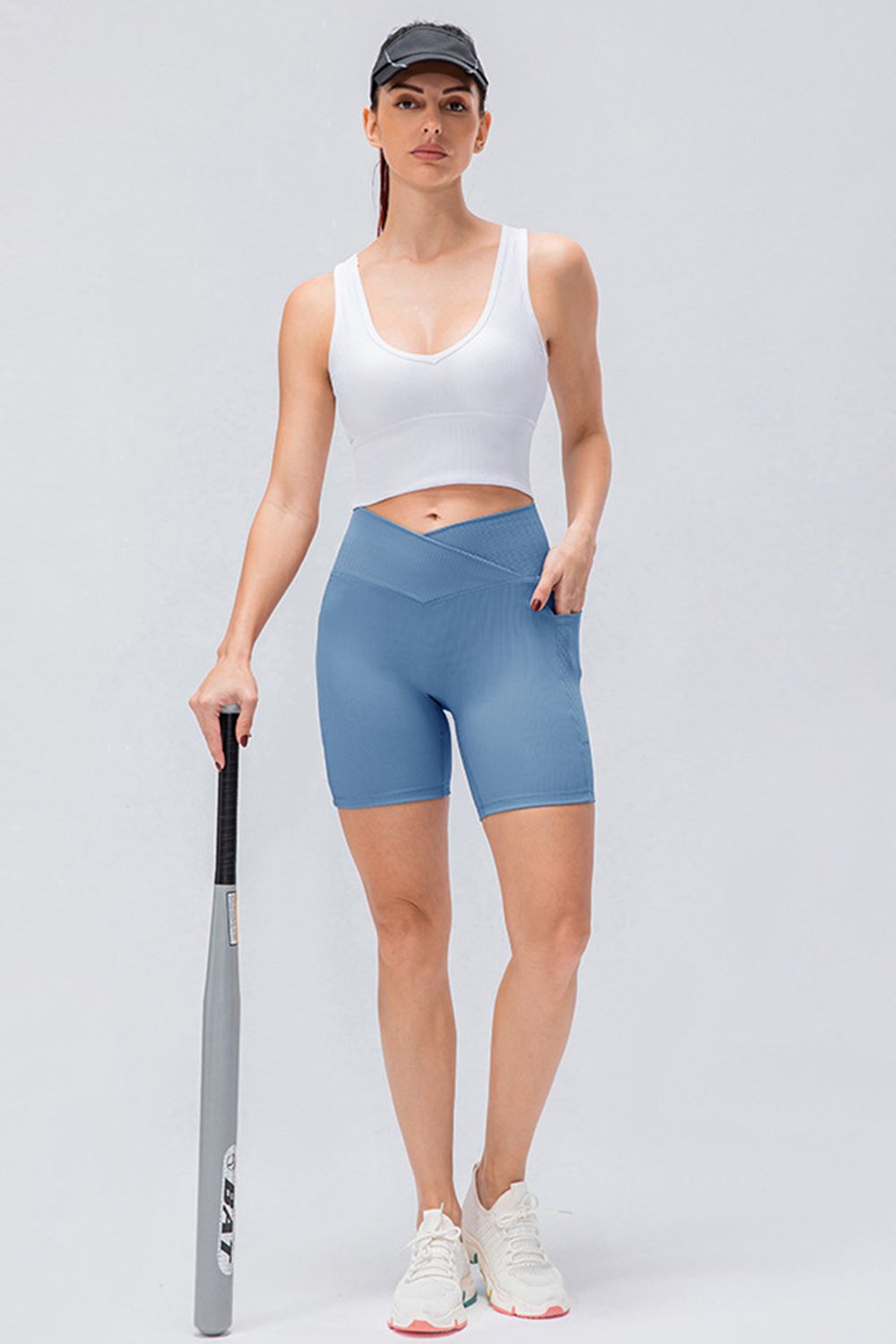 Front view of women’s high-waisted activewear shorts – breathable and stretch-fit design.