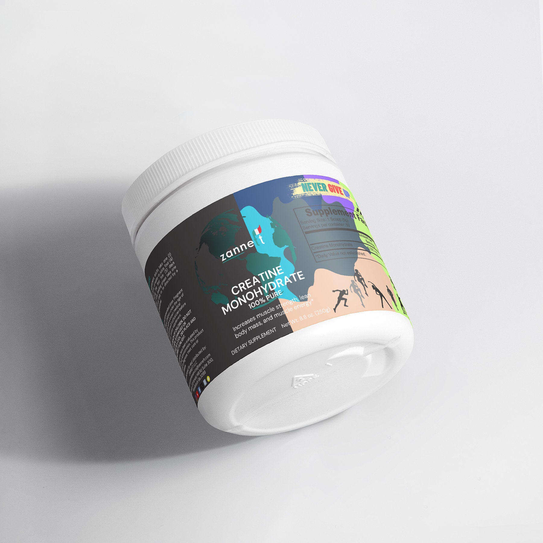Zanneft Creatine Monohydrate powder in a white tub.